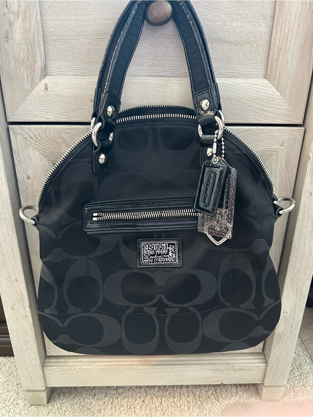Coach Black Signature Dome Satchel with Silver Hardware
